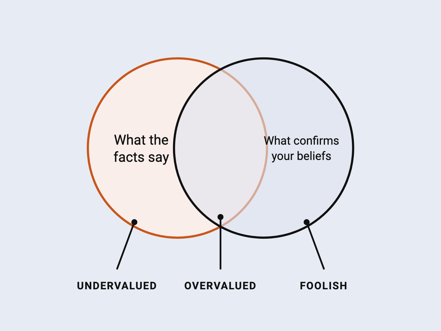 Two overlapping circles: what the facts say and what confirms your beliefs. Facts alone are undervalued, the overlap is overvalued, beliefs alone are foolish