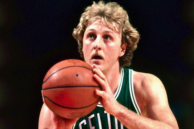 Larry Bird in a Boston Celtics singlet lining up a free throw