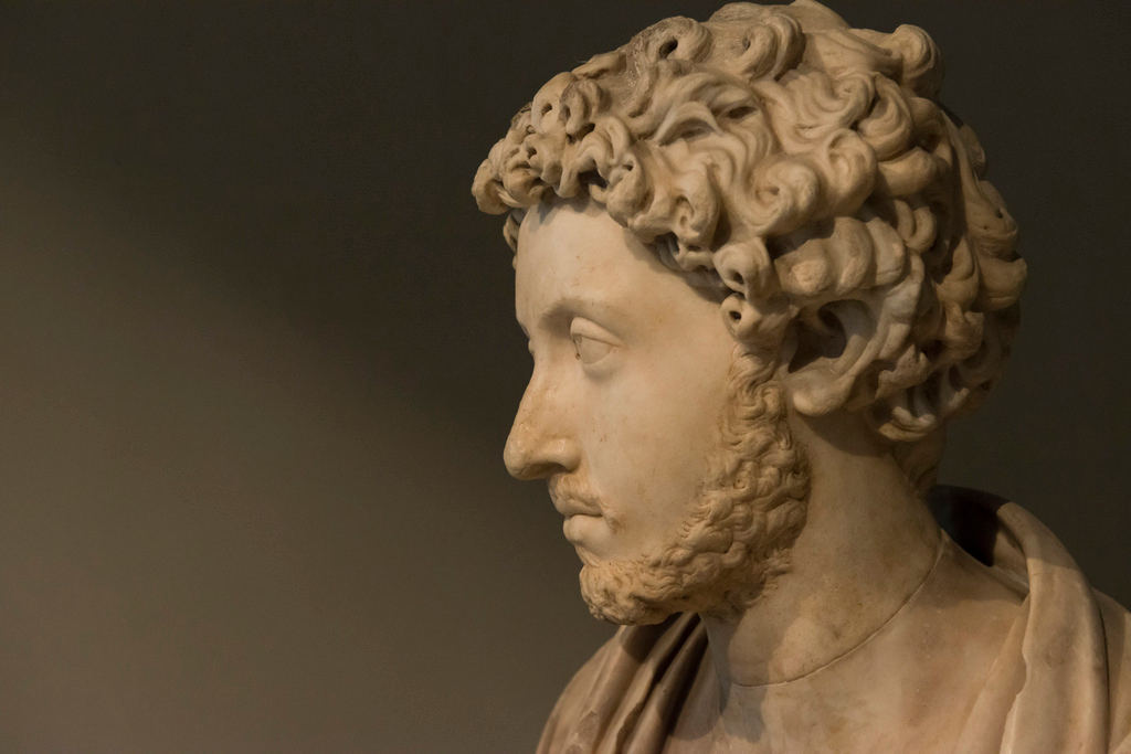 Marble bust of the Roman emperor Marcus Aurelius in profile