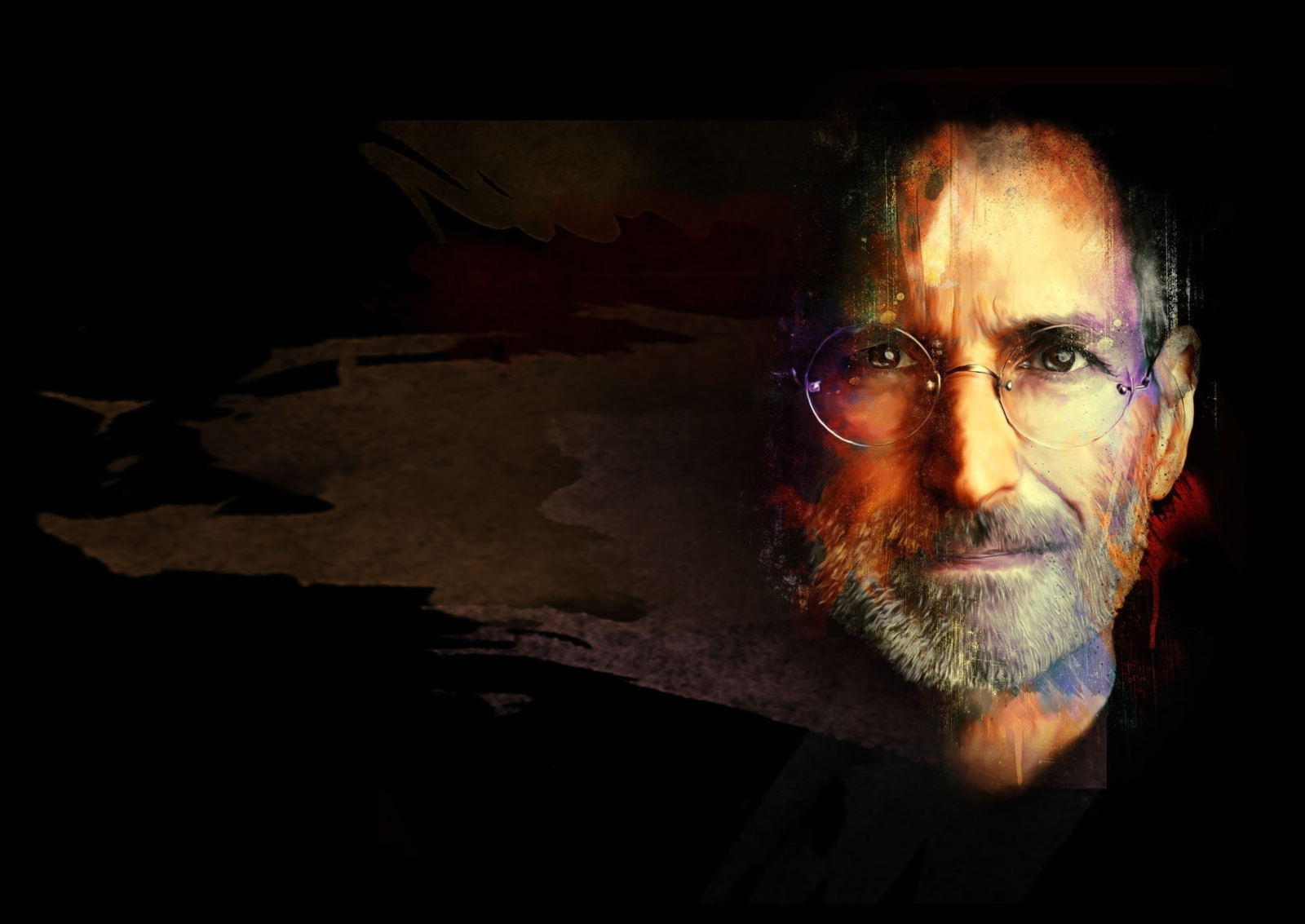 A painted portrait of Steve Jobs on a dark background