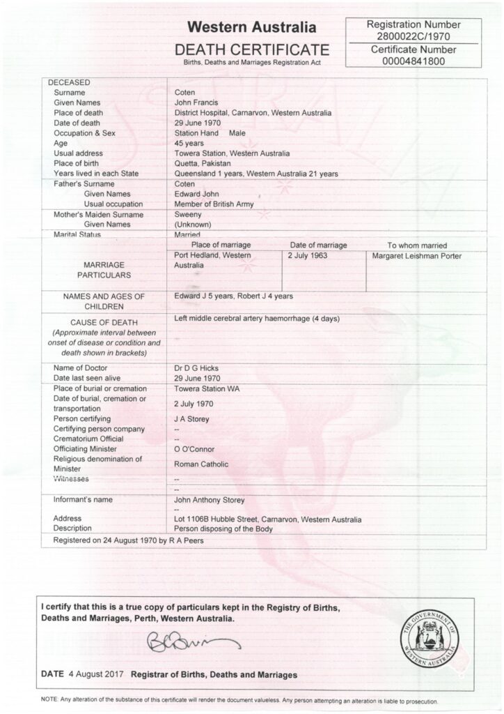 John Coten death certificate, 1970