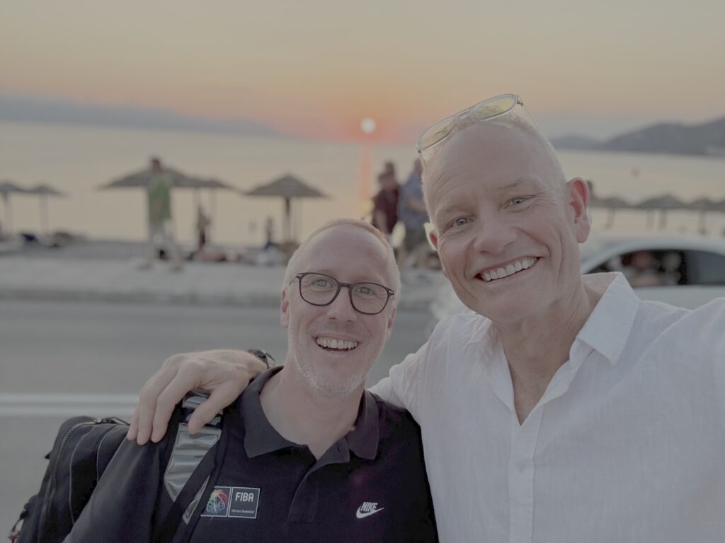 Ned Coten AM with Philippe Gueisbuhler, Head of Masters Basketball at FIBA, following the successful completion of the inaugural 2026 FIBA Masters Open in Loutraki, Greece.
